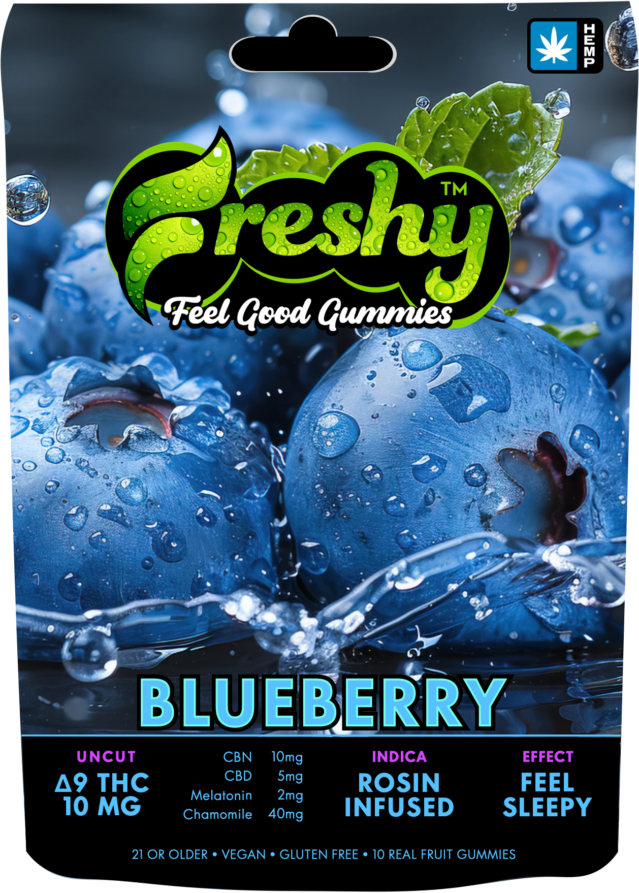 Freshy 100MG Rosin Infused Delta 9 THC Gummies – Blueberry – Indica – 10ct