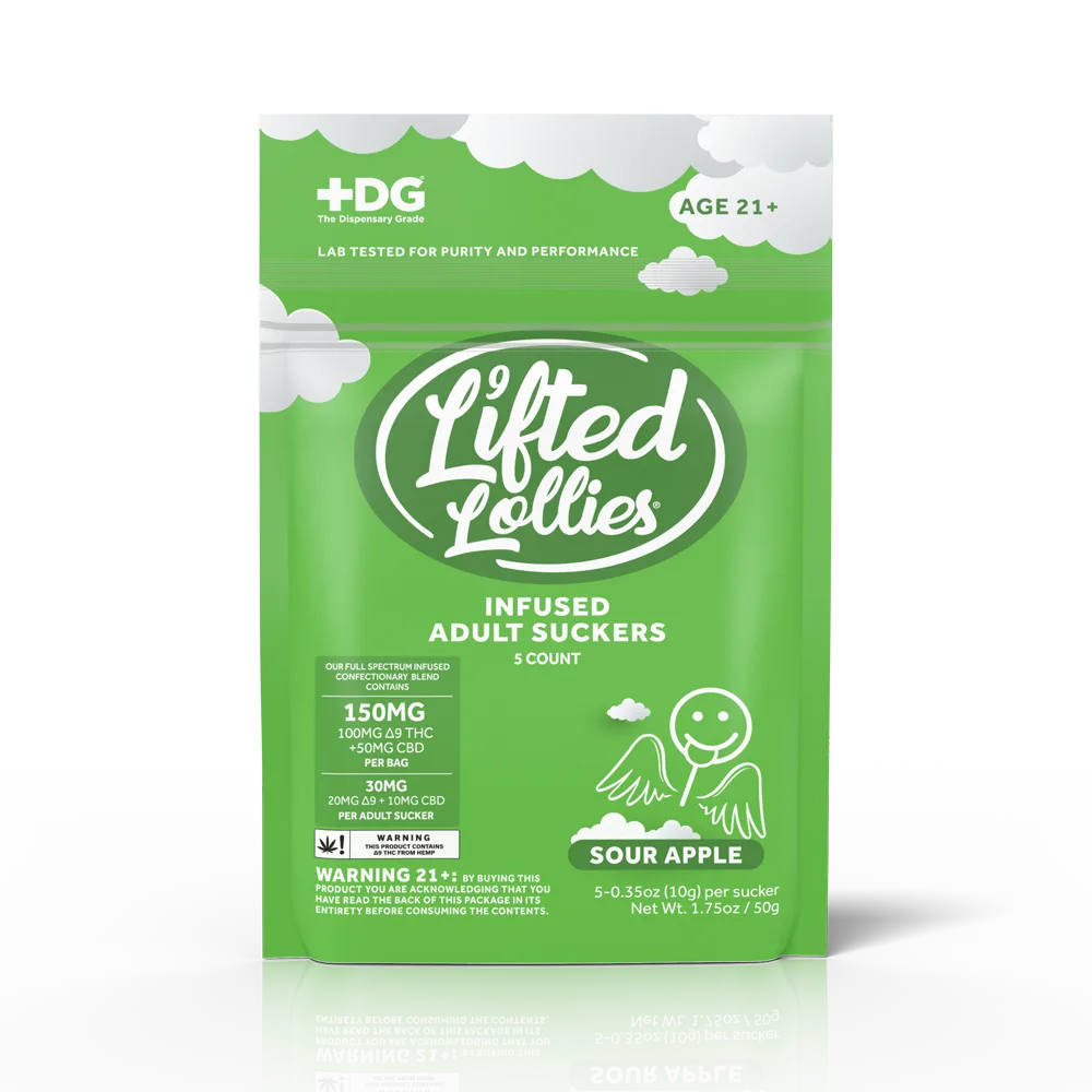 Lifted Lollies 150MG Delta 9 THC + CBD Suckers – Sour Apple – 5ct