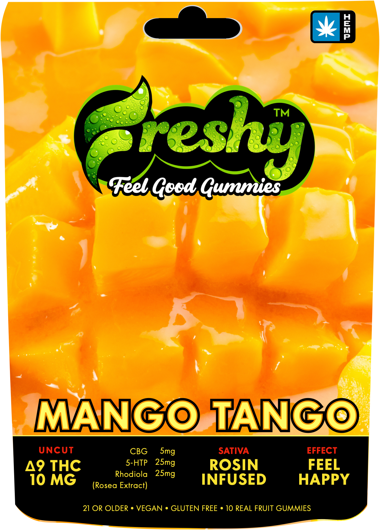Freshy 100MG Rosin Infused Delta 9 THC Gummies – Mango Tango – Sativa – 10ct