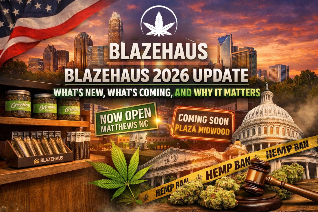 BlazeHaus 2026 update graphic showing Charlotte skyline, BlazeHaus branding, hemp products, Matthews now open and Plaza Midwood coming soon signs, and federal hemp legislation imagery.
