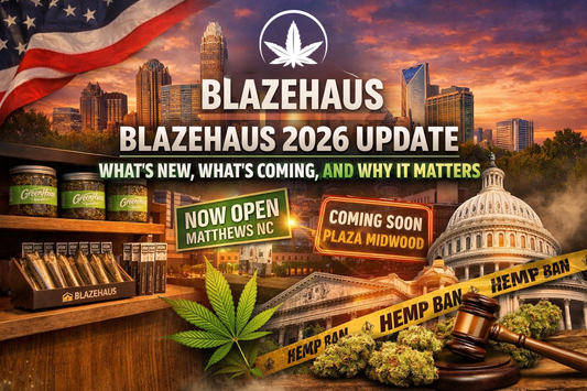 BlazeHaus 2026 update graphic showing Charlotte skyline, BlazeHaus branding, hemp products, Matthews now open and Plaza Midwood coming soon signs, and federal hemp legislation imagery.