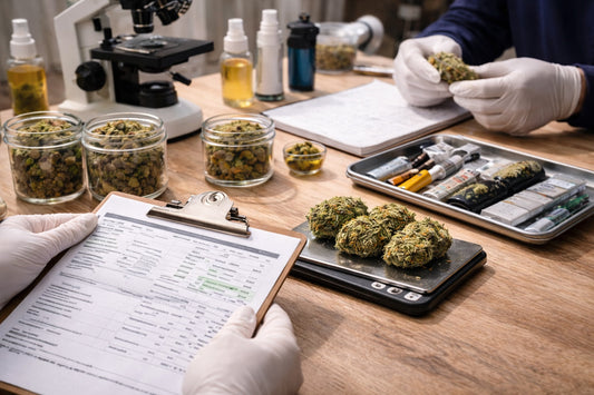 Gloved hands inspecting high-quality cannabis flower on a digital scale in a clean workspace, with a Certificate of Analysis on a clipboard and testing equipment in the background.