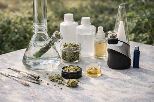 Cannabis setup on a neutral surface in soft daylight featuring a glass bong, jar of flower, open grinder, small container of concentrate, and an electronic dab rig with cleaning supplies.