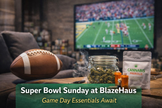 BlazeHaus–themed Super Bowl Sunday lifestyle image featuring a football watch party vibe with cannabis products and subtle game-day elements, representing a relaxed evening at home.