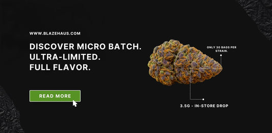 BlazeHaus Micro Batch cannabis launch promo featuring a frosty purple nug with text highlighting ultra-limited drop, 3.5g in-store only, and 30 bags per strain.
