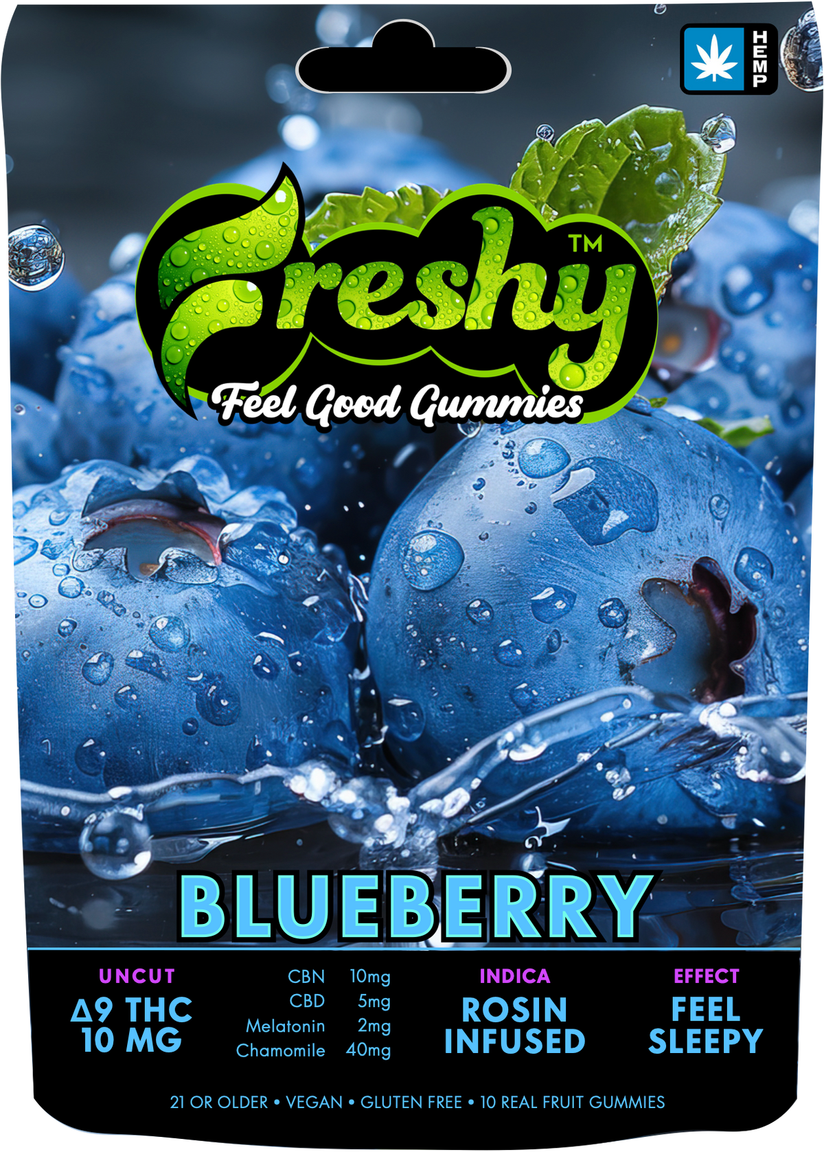 Freshy 100MG Rosin Infused Delta 9 THC Gummies – Blueberry – Indica – 10ct