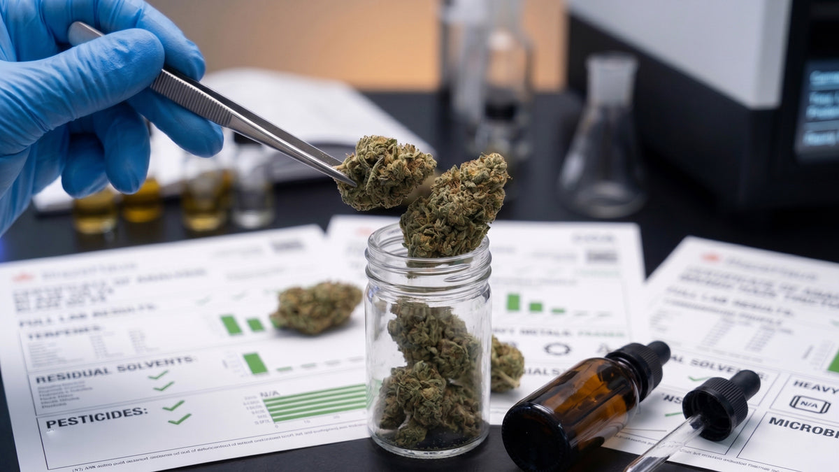 Cannabis flower being inspected alongside lab testing results for quality and potency