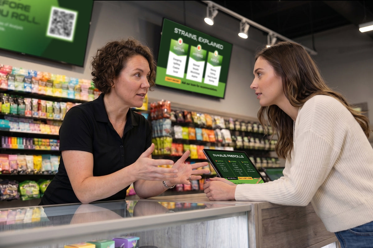 BlazeHaus team member helping a customer choose cannabis products in a Charlotte dispensary