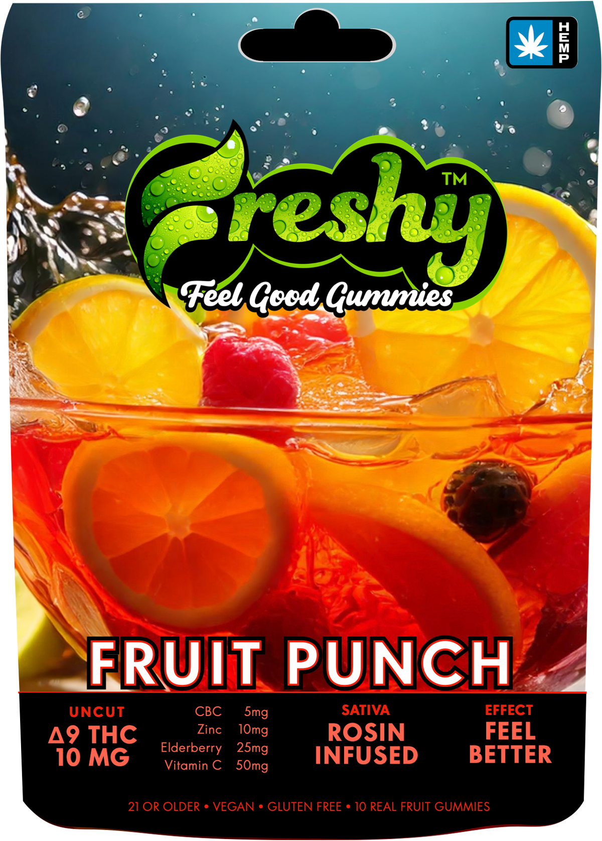 Freshy 100MG Rosin Infused Delta 9 THC Gummies – Fruit Punch – Sativa – 10ct