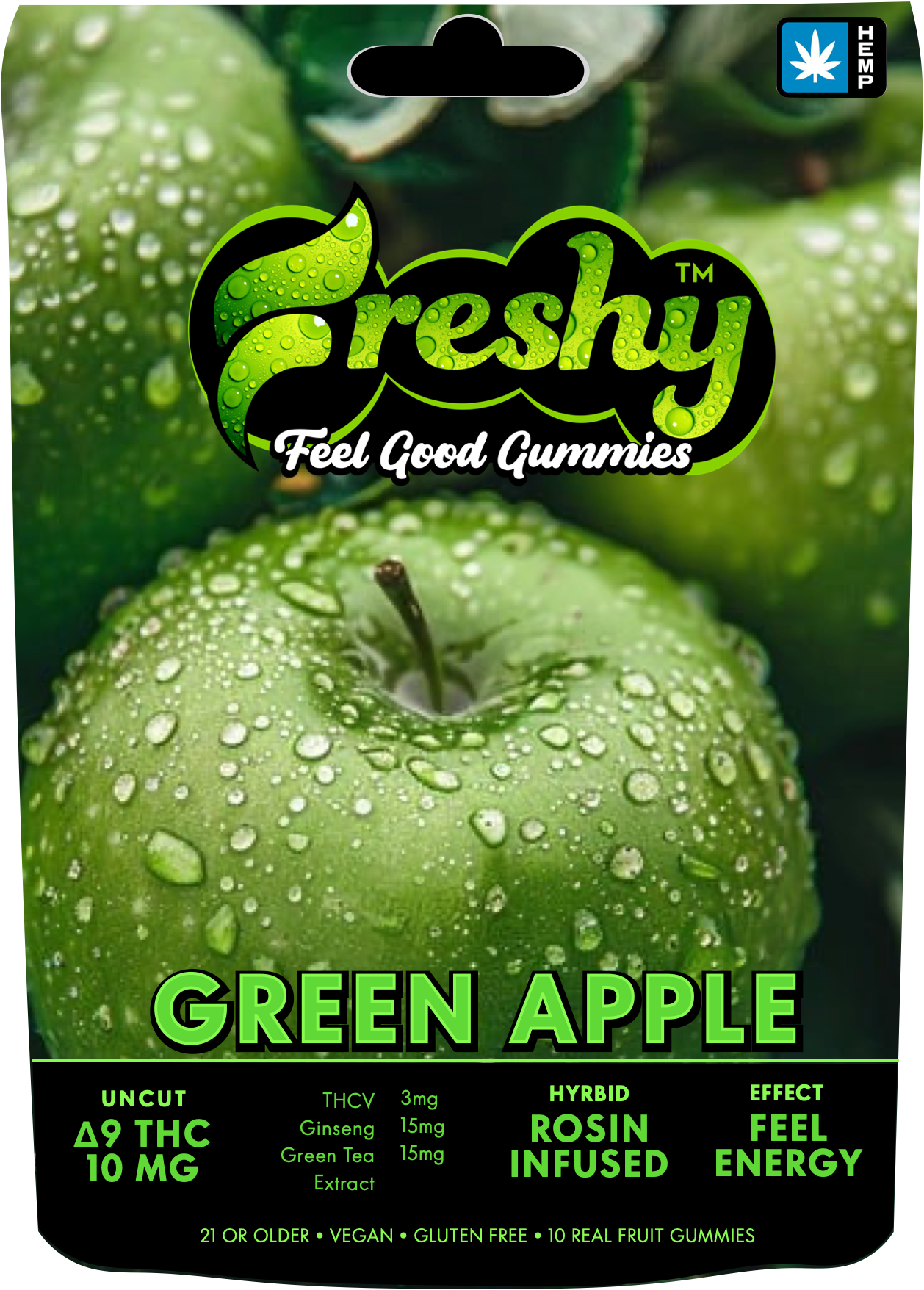 Freshy 100MG Rosin Infused Delta 9 THC Gummies – Green Apple – Hybrid – 10ct