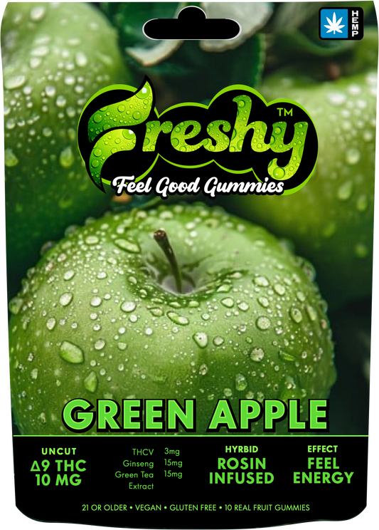 Freshy 100MG Rosin Infused Delta 9 THC Gummies – Green Apple – Hybrid – 10ct