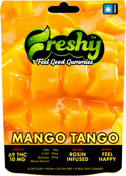 Freshy 100MG Rosin Infused Delta 9 THC Gummies – Mango Tango – Sativa – 10ct