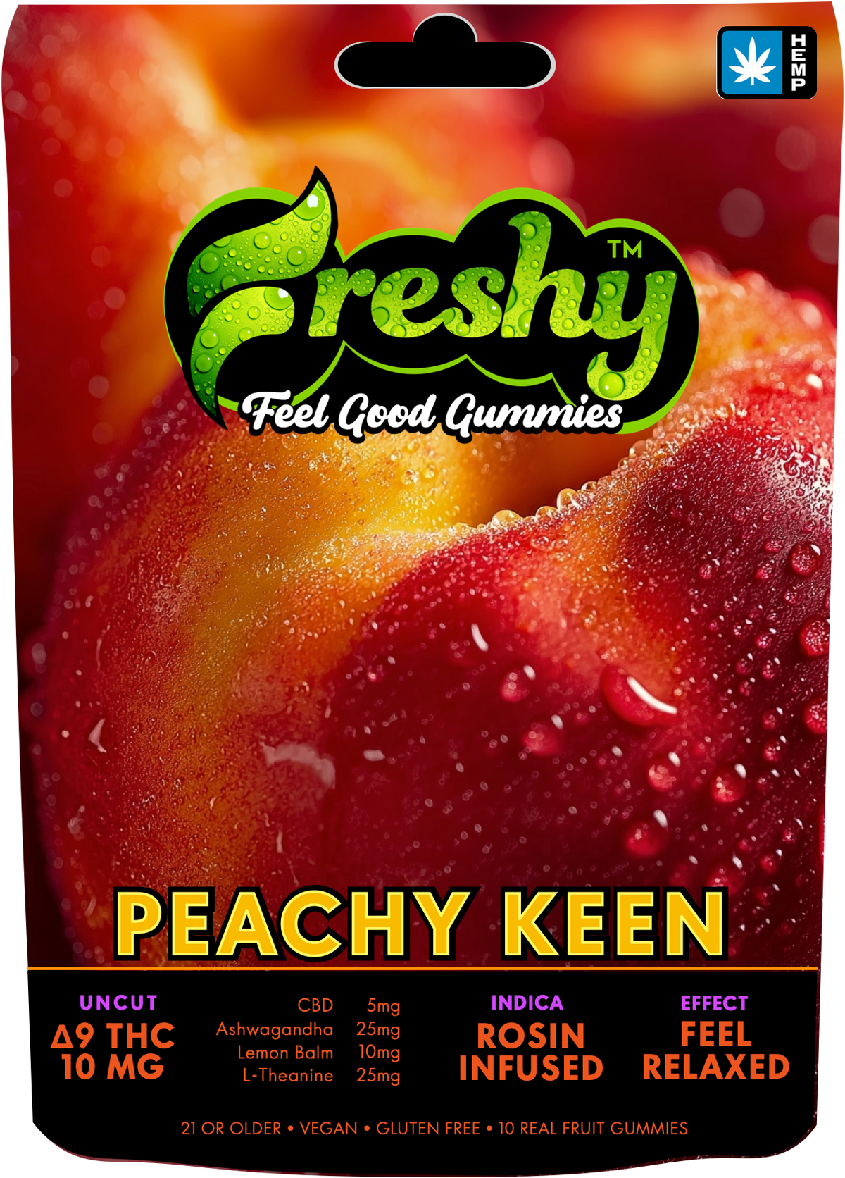 Freshy 100MG Rosin Infused Delta 9 THC Gummies – Peachy Keen – Indica – 10ct